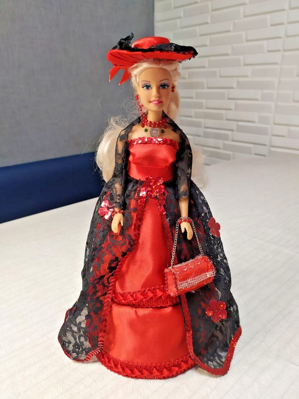 Handmade Victorian Style Doll Jewelry Box - 12" Decorative Figurine Red & Black