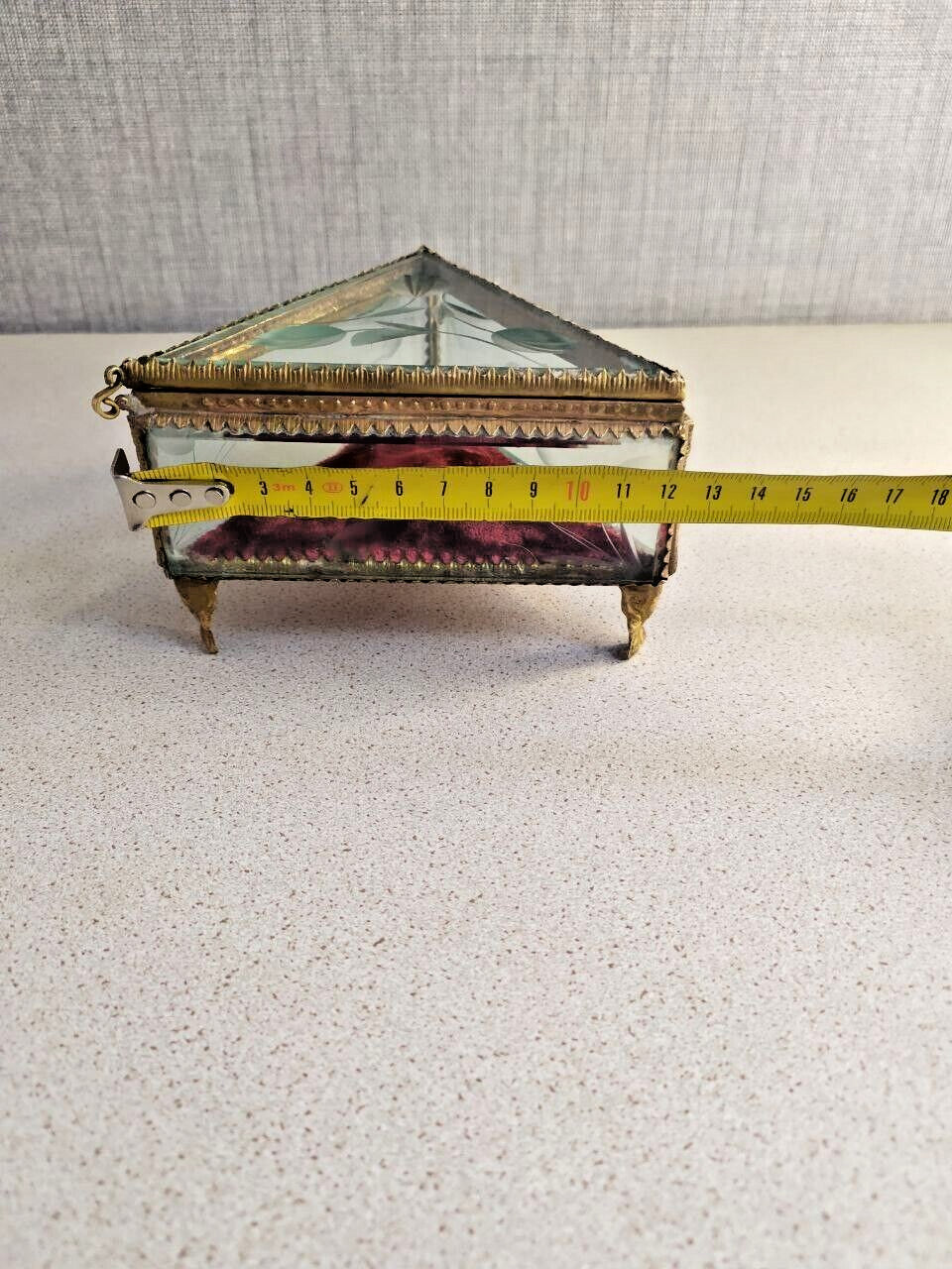 Rare Antique French Victorian Glass Jewelry Box Triangular Beveled Etched Glass