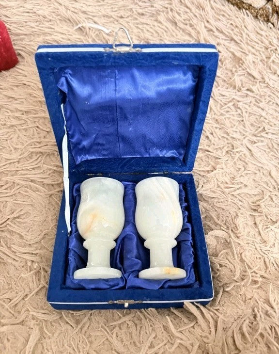 Soviet Vintage Hand Carved Onyx Chalice Wine Set 2 Pcs Original Box USSR 1970s