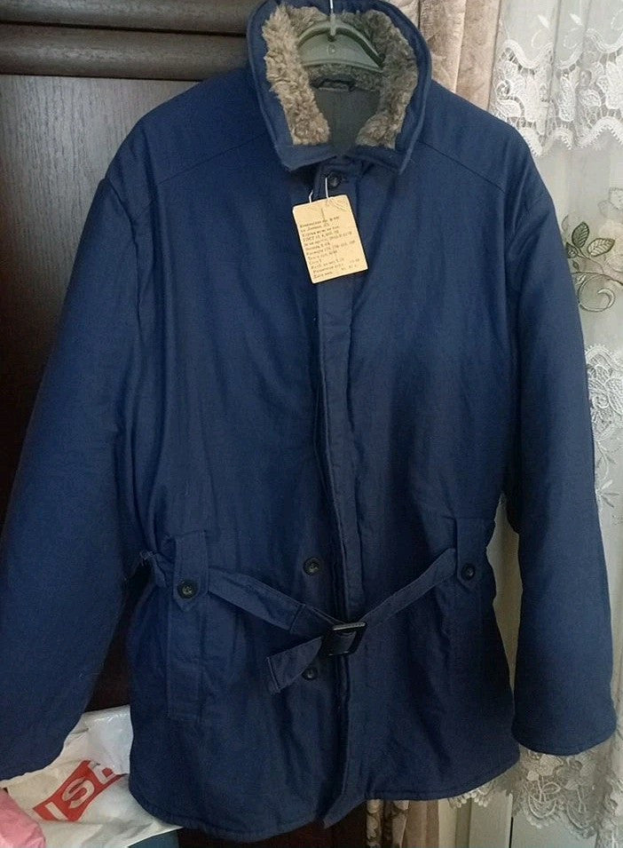 NOS Vintage Soviet USSR Men’s Winter Jacket 1987 Cotton Quilted Fur Collar Blue