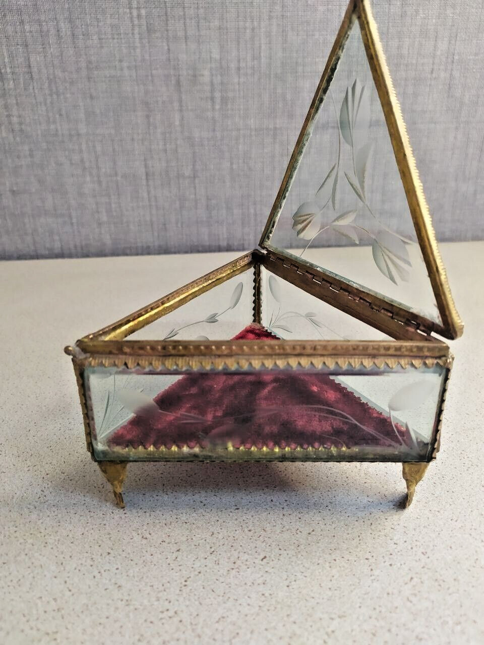 Rare Antique French Victorian Glass Jewelry Box Triangular Beveled Etched Glass