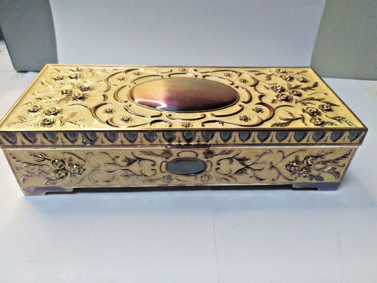 Heavy Vintage Gold Tone Metal Casket, Mirror & Velvet Interior, Rose Decor)