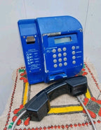 Vintage Ukrainian payphone, blue Ukrtelecom Telecard-121 street phone with armored handset