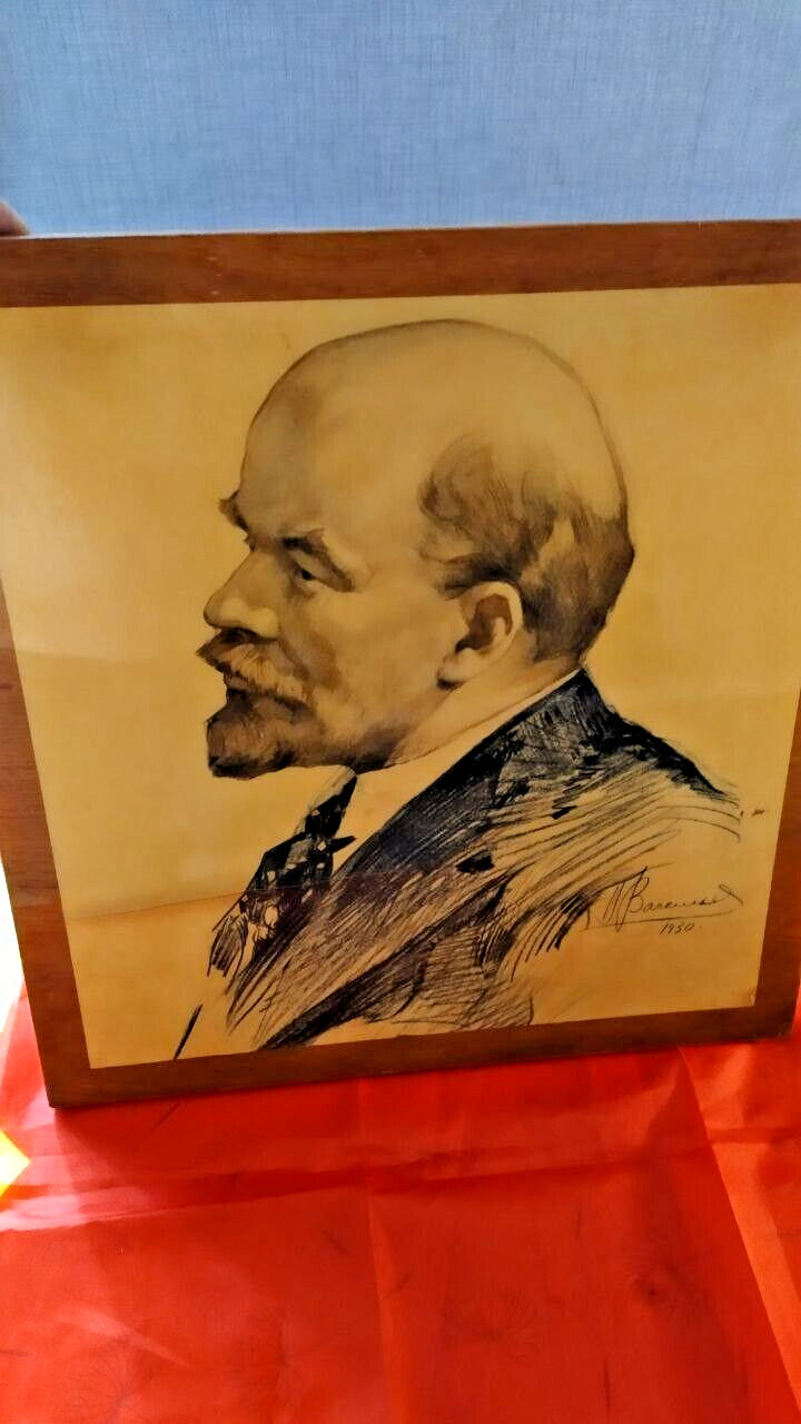 Antique 1930 Lenin Portrait - Original Soviet Propaganda Art - Signed & Dated