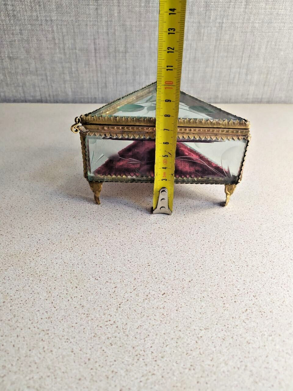Rare Antique French Victorian Glass Jewelry Box Triangular Beveled Etched Glass