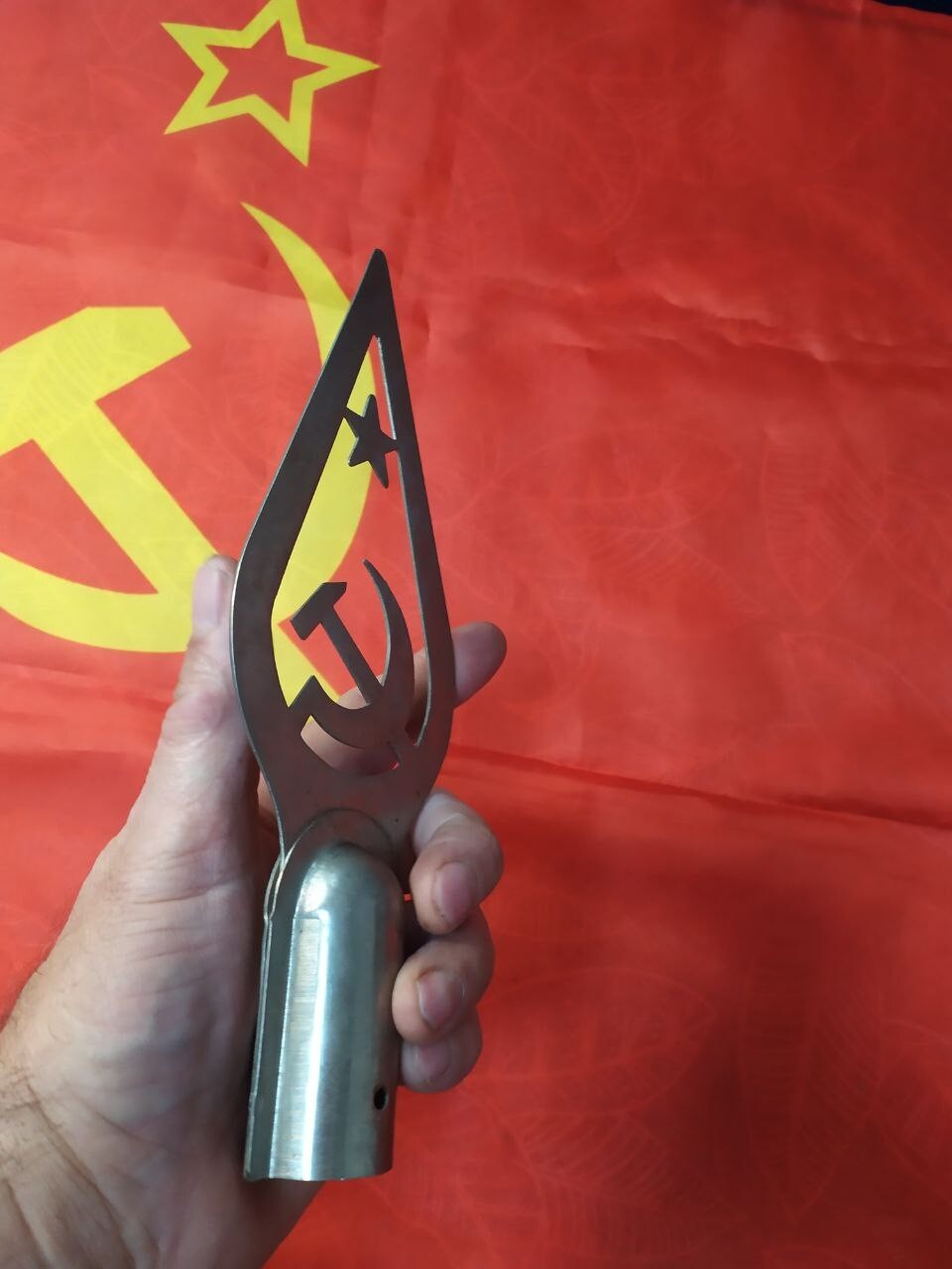 Authentic USSR Flag Topper Spear Hammer & Sickle Soviet Banner Finial Metal Star