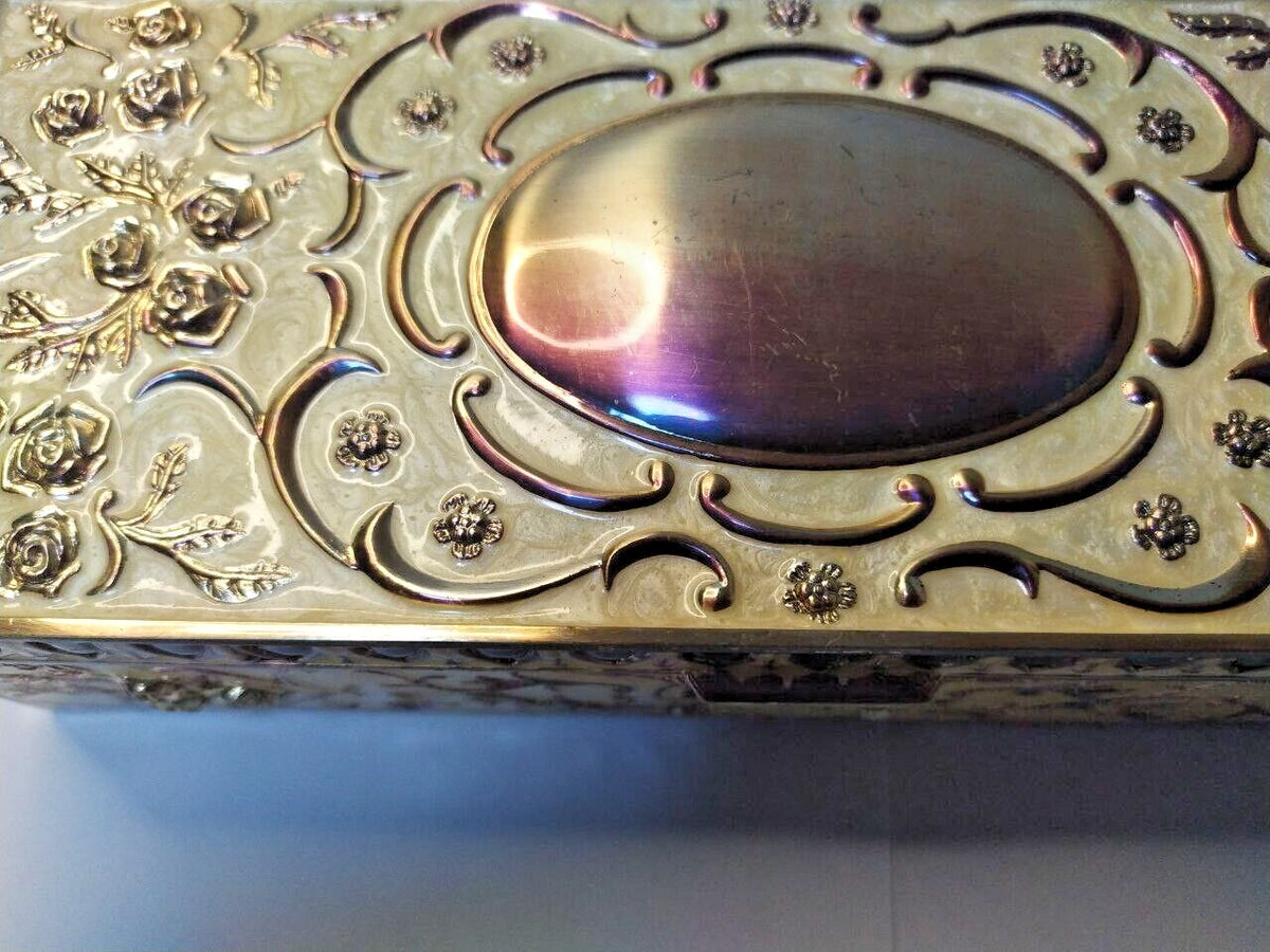 Heavy Vintage Gold Tone Metal Casket, Mirror & Velvet Interior, Rose Decor)