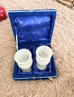 Soviet stone goblets set lying in royal blue satin lined case