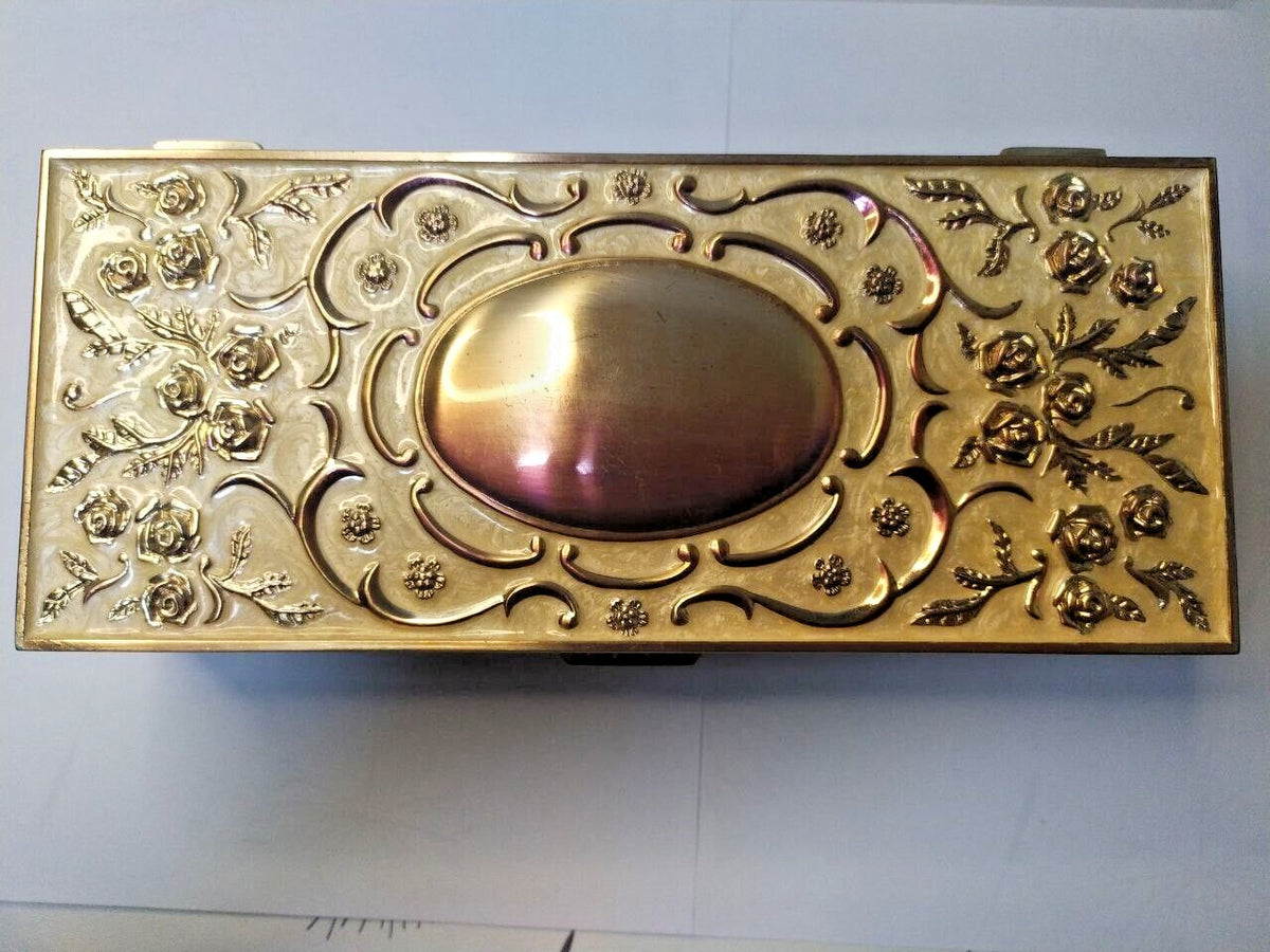 Heavy Vintage Gold Tone Metal Casket, Mirror & Velvet Interior, Rose Decor)