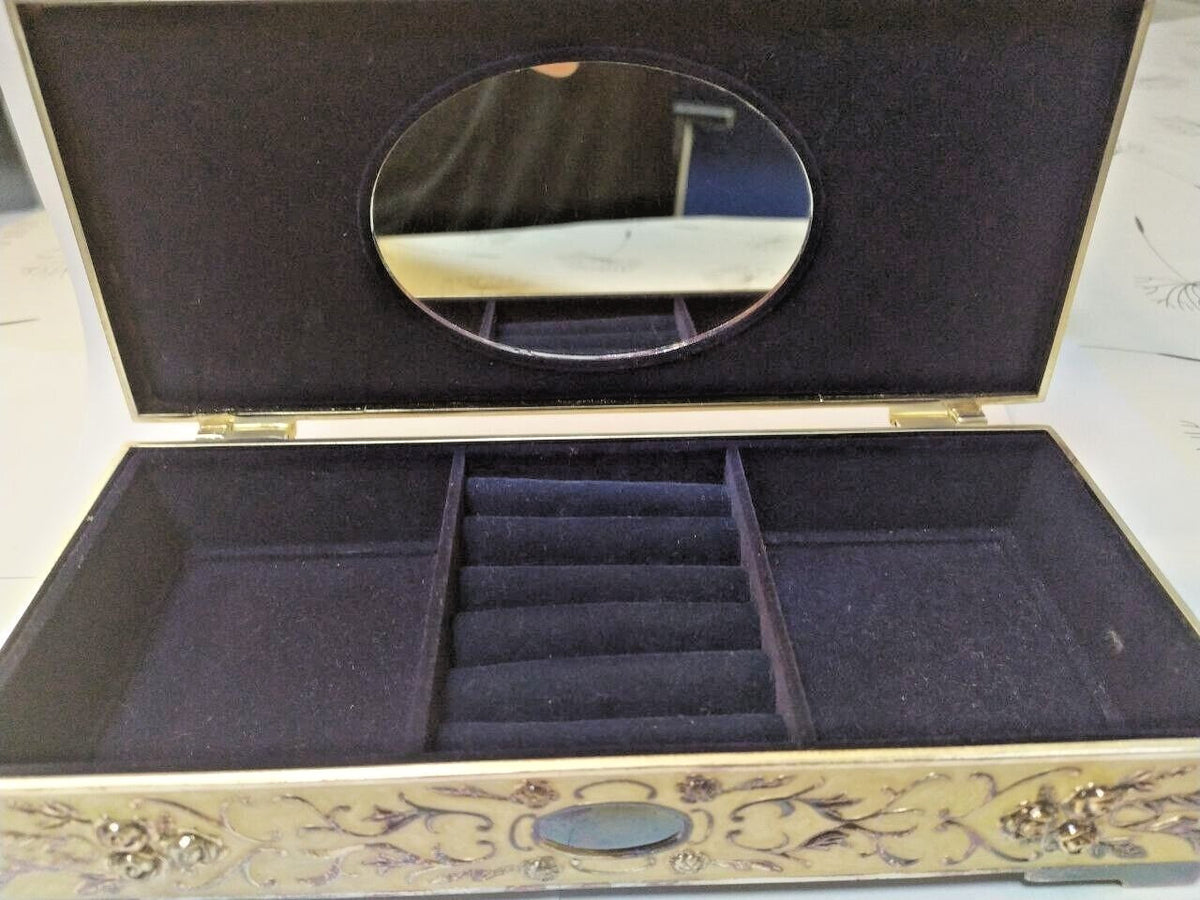 Heavy Vintage Gold Tone Metal Casket, Mirror & Velvet Interior, Rose Decor)