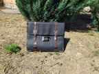 Soviet KGB briefcase, hard black leatherette attaché case with steel corners and buckle straps