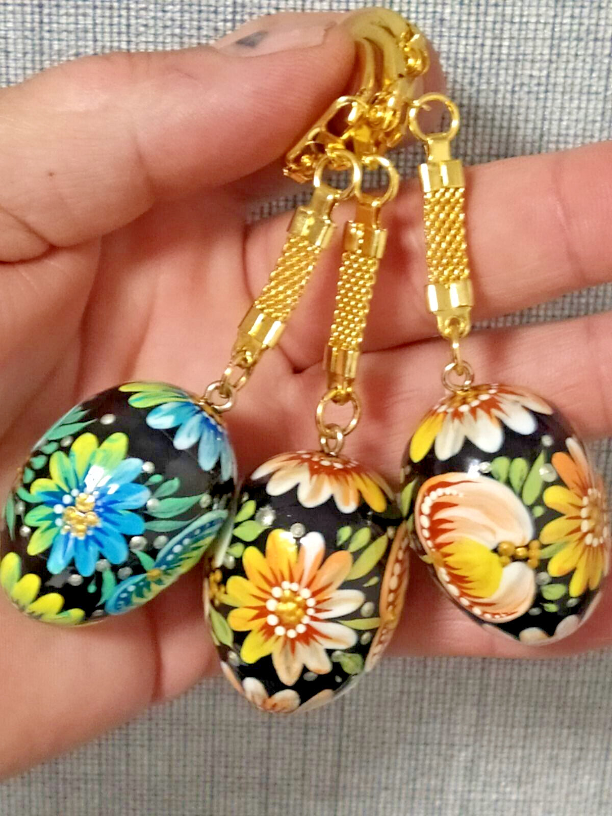 Hand Painted Wooden Egg Pendants Set of 3 – Petrykivka Floral Art – Ukraine