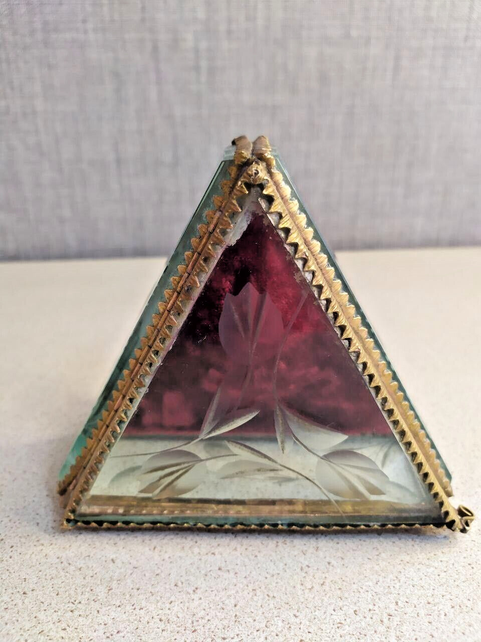 Rare Antique French Victorian Glass Jewelry Box Triangular Beveled Etched Glass