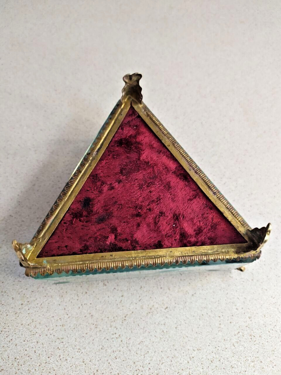 Rare Antique French Victorian Glass Jewelry Box Triangular Beveled Etched Glass