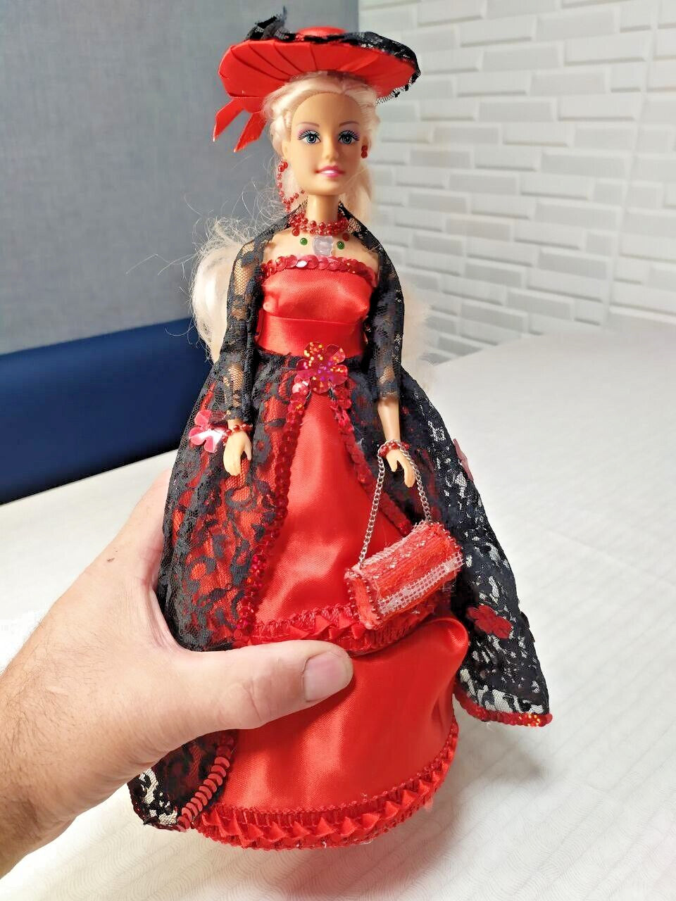 Handmade Victorian Style Doll Jewelry Box - 12" Decorative Figurine Red & Black