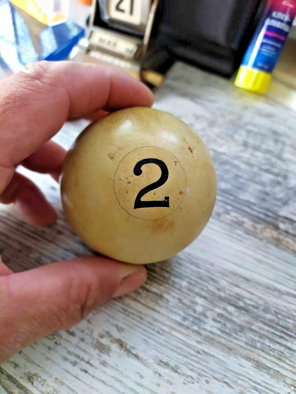 Soviet billiard ball number 2 for Russian Pyramid, cream phenolic resin, 67 mm