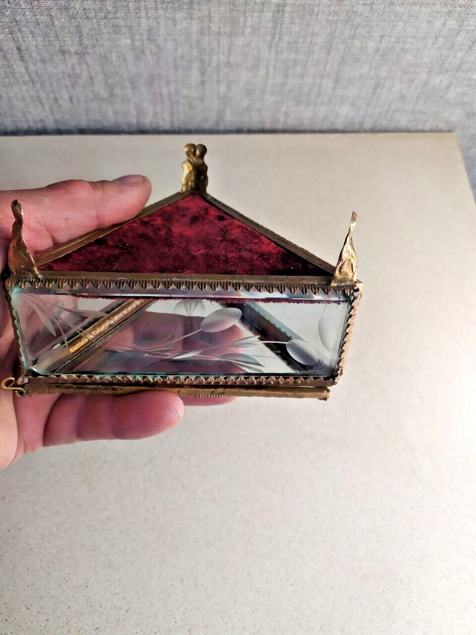 Rare Antique French Victorian Glass Jewelry Box Triangular Beveled Etched Glass