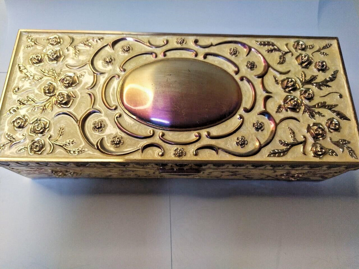 Heavy Vintage Gold Tone Metal Casket, Mirror & Velvet Interior, Rose Decor)