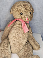 Soviet plush bear with pink ribbon around the neck standing upright – detail 8