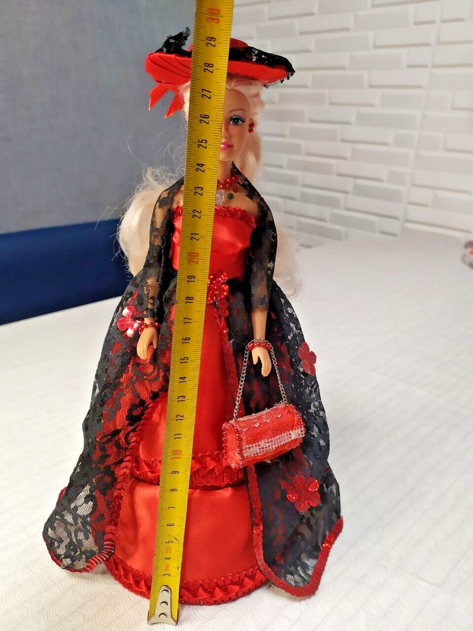 Handmade Victorian Style Doll Jewelry Box - 12" Decorative Figurine Red & Black