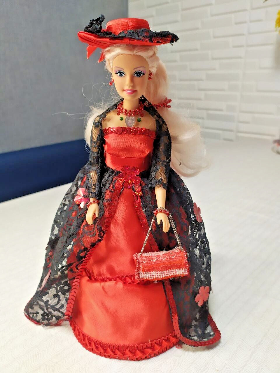 Handmade Victorian Style Doll Jewelry Box - 12" Decorative Figurine Red & Black