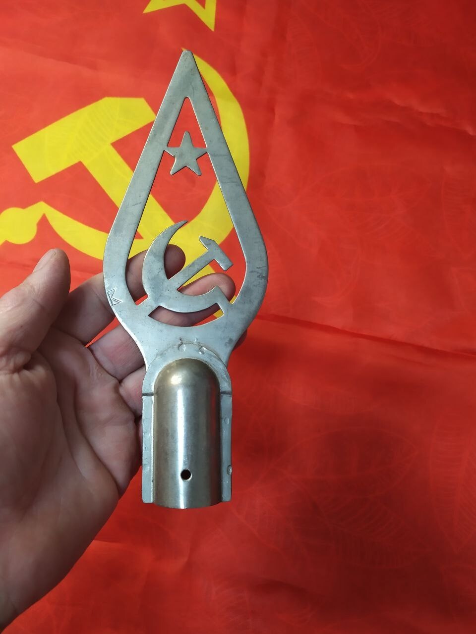 Authentic USSR Flag Topper Spear Hammer & Sickle Soviet Banner Finial Metal Star