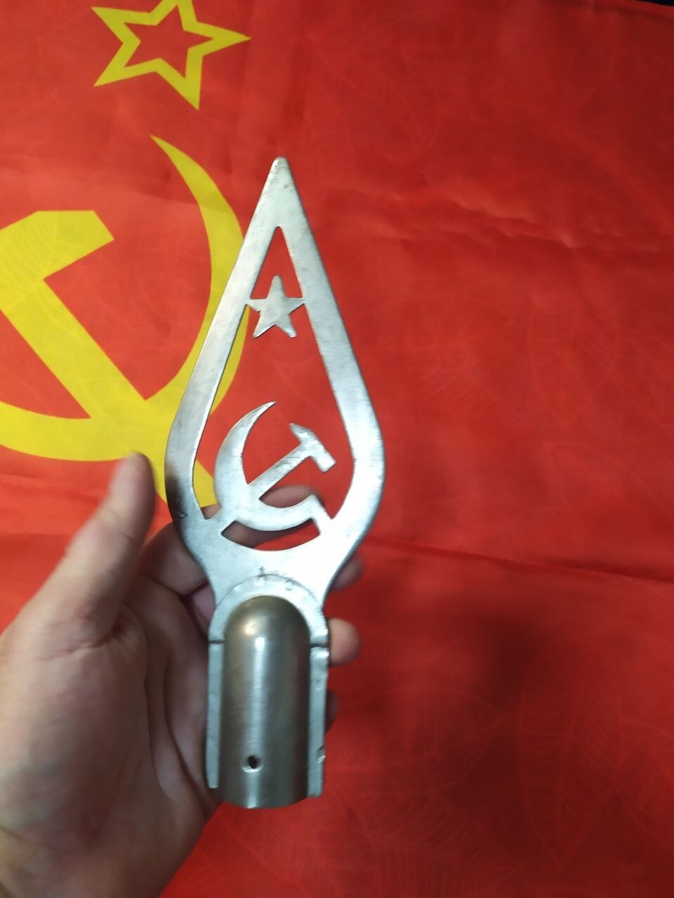 Authentic USSR Flag Topper Spear Hammer & Sickle Soviet Banner Finial Metal Star