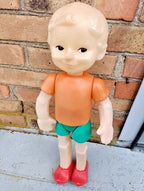 Soviet Buratino doll 55 cm with long nose, red felt vest and blue shorts, USSR Pinocchio toy