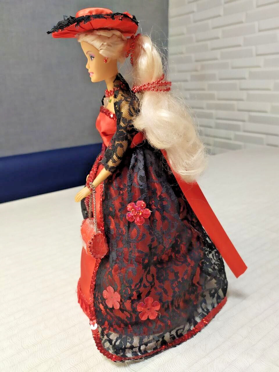 Handmade Victorian Style Doll Jewelry Box - 12" Decorative Figurine Red & Black