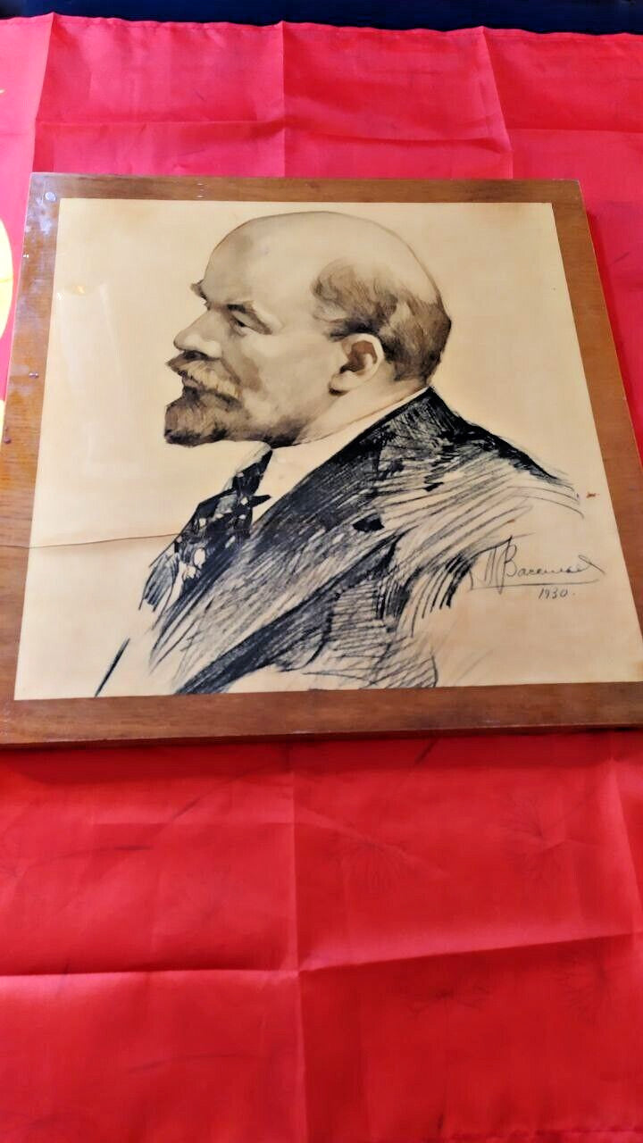 Antique 1930 Lenin Portrait - Original Soviet Propaganda Art - Signed & Dated