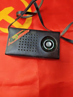 Selga 405 Soviet pocket transistor radio with circular tuning dial and leather case