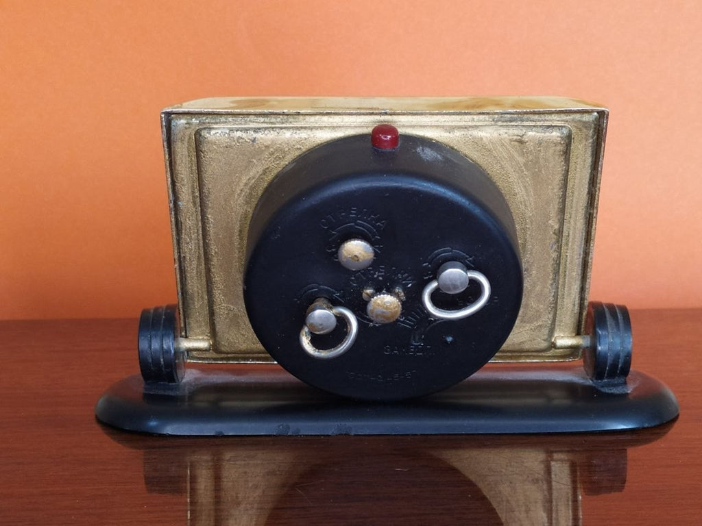 Vintage Soviet clock with tilt stand and gold-colored ribbed bezel – detail 7
