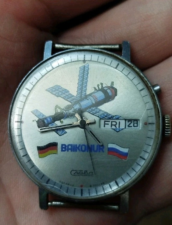 Slava Baikonur Mir-92 space watch with orbital station dial and German and Russian flags