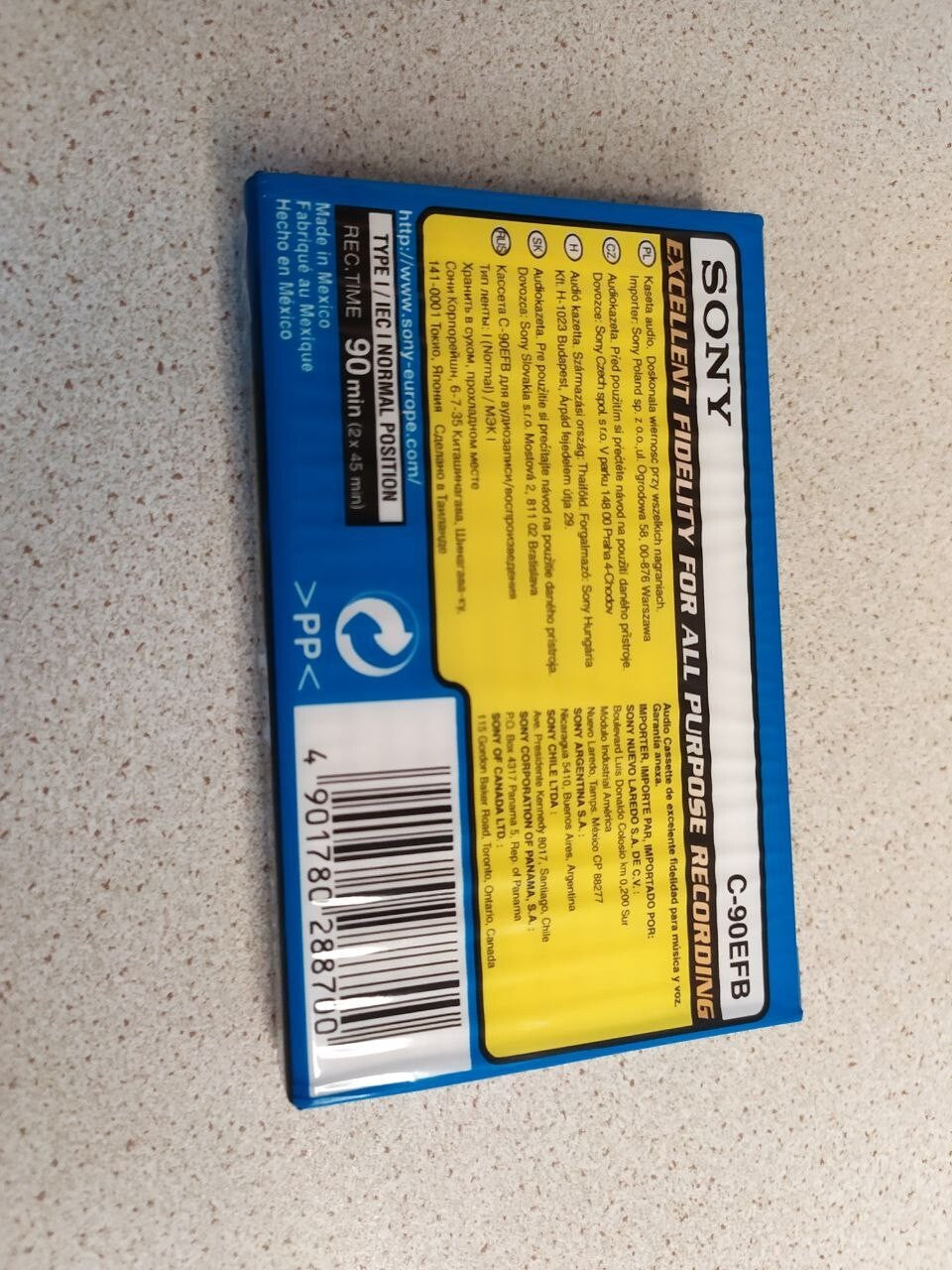 Back of Sony EF 90 cassette showing Type I normal position information