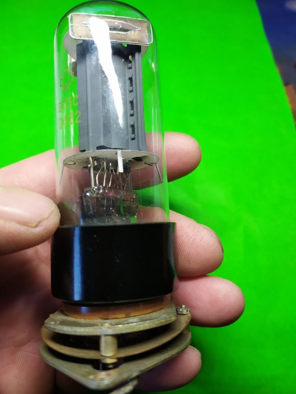 Vintage radio tubes: 6P3S beam power tetrode, glass and getter view