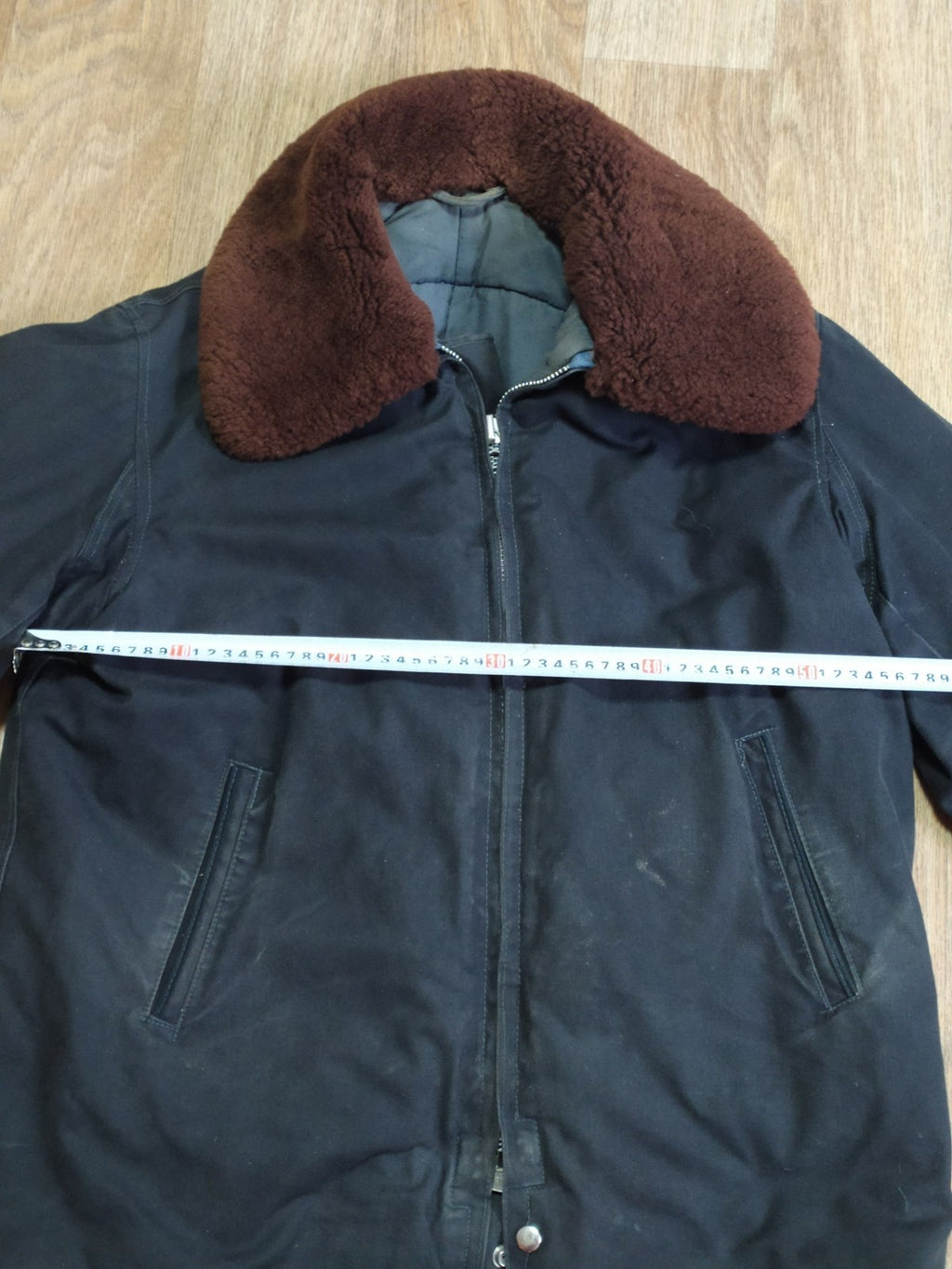 Dark blue Soviet pilot jacket with sheepskin collar buttoned up – detail 14