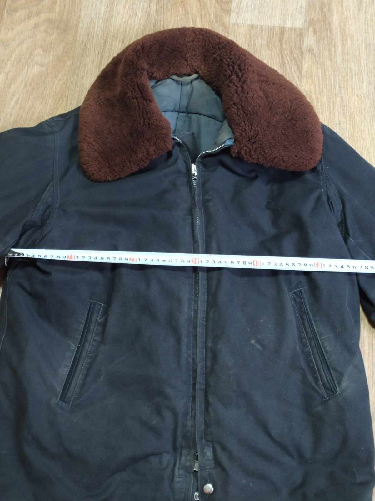 Dark blue Soviet pilot jacket with sheepskin collar buttoned up – detail 14