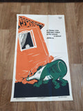 Soviet anti-alcohol propaganda poster of a man turned into a vodka bottle undermining a house