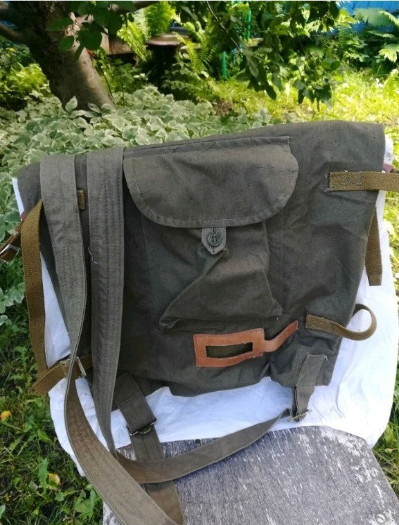 Roll-top flap and front buttoned pocket on a Soviet olive drab rucksack