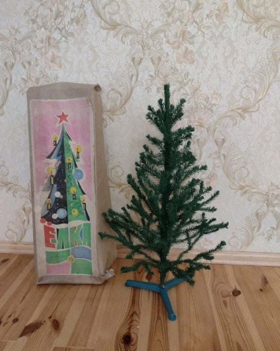 Soviet artificial Christmas tree 75 cm from 1985 with blue three-leg stand