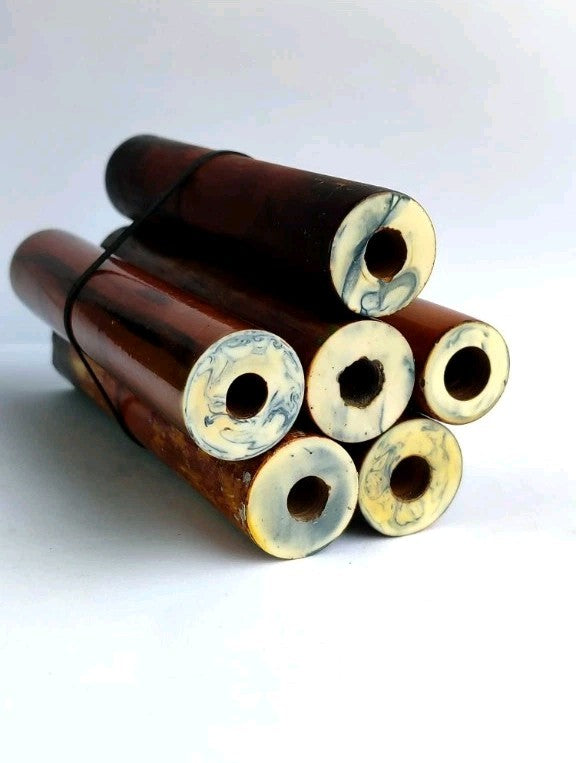 Six Soviet bakelite door handles, marbled Catalin rods in butterscotch and cherry