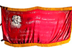 Soviet banner with Lenin and Marx portraits on red fabric with golden fringe