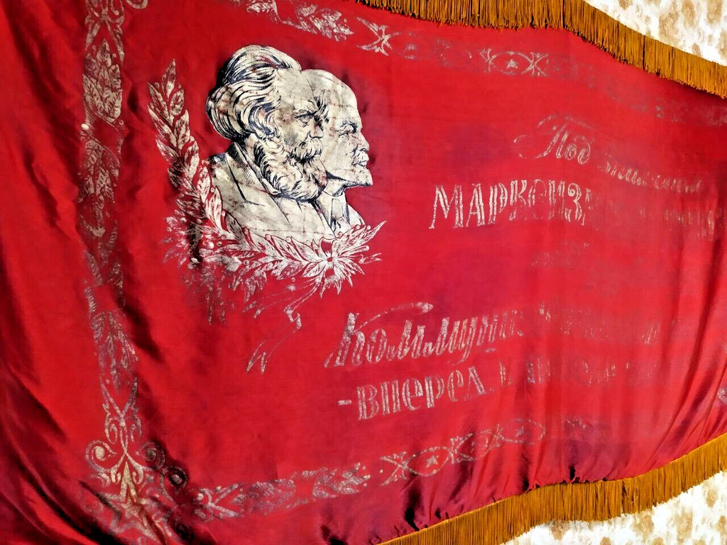 Original USSR flag banner slogan lettering in silver tone