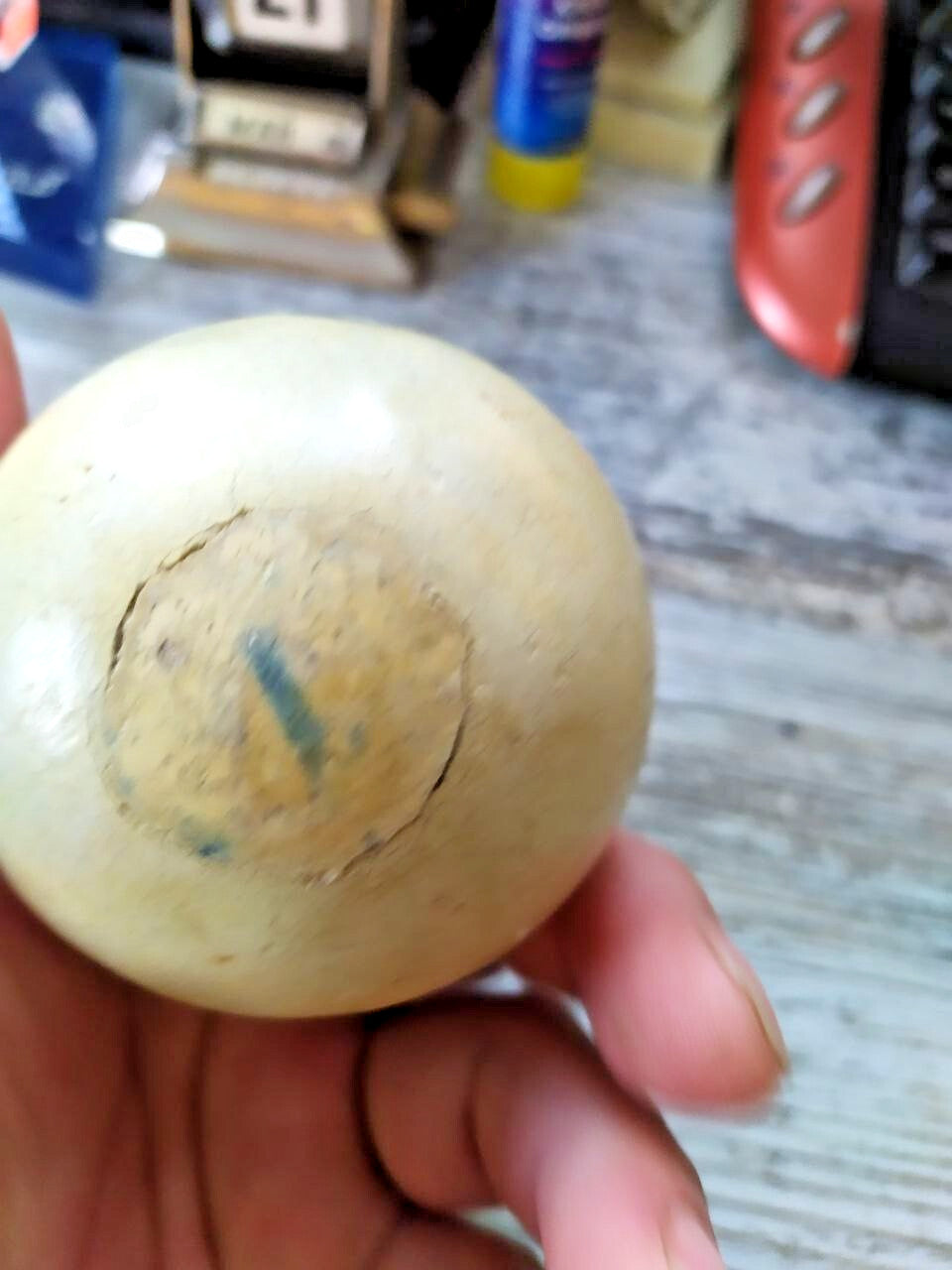 Close-up of recessed number 1 on the Soviet billiard ball