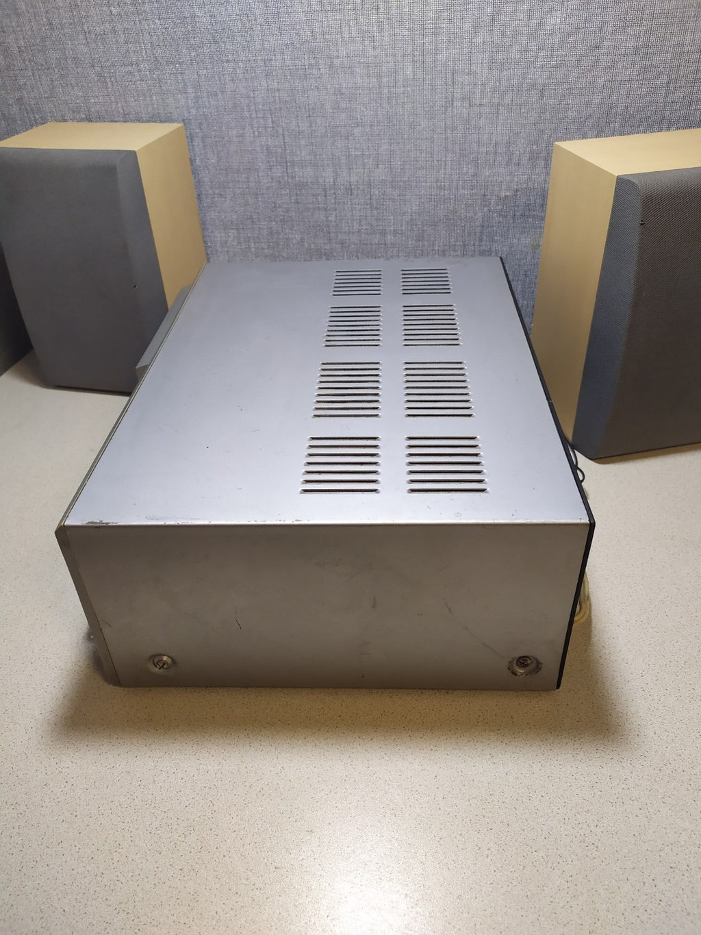 Pair of matching wood-finish speakers with gray grilles – detail 7