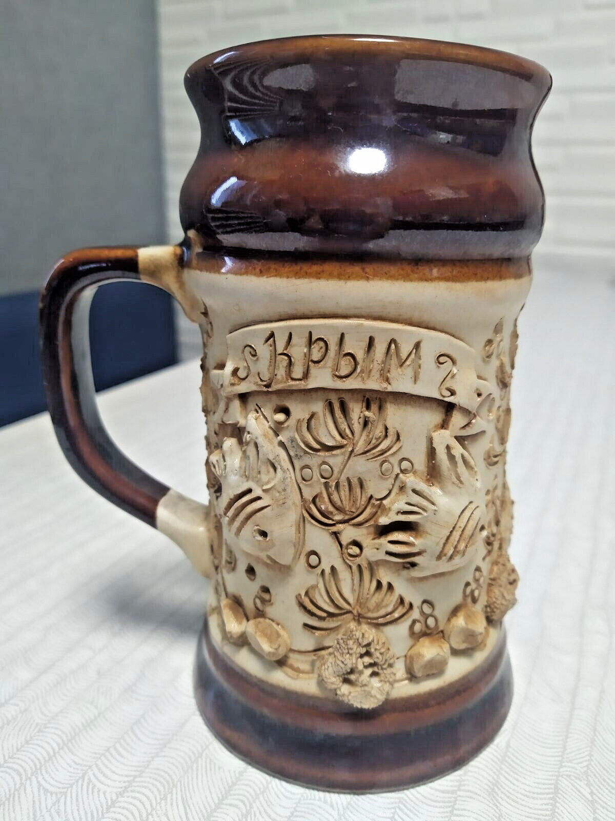 Soviet ceramic beer mug from Crimea with relief fish and marine decor