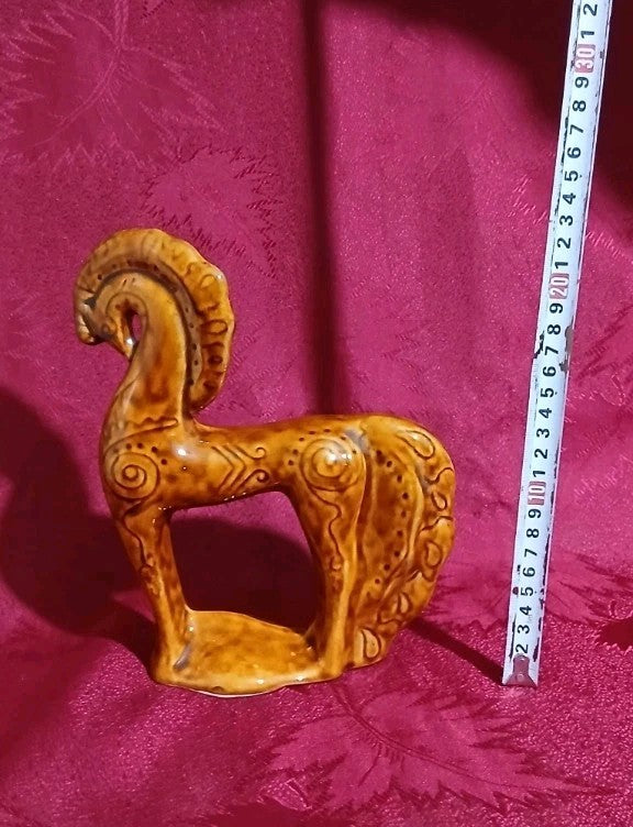 Vintage USSR majolica horse statue with embossed spiral and geometric patterns