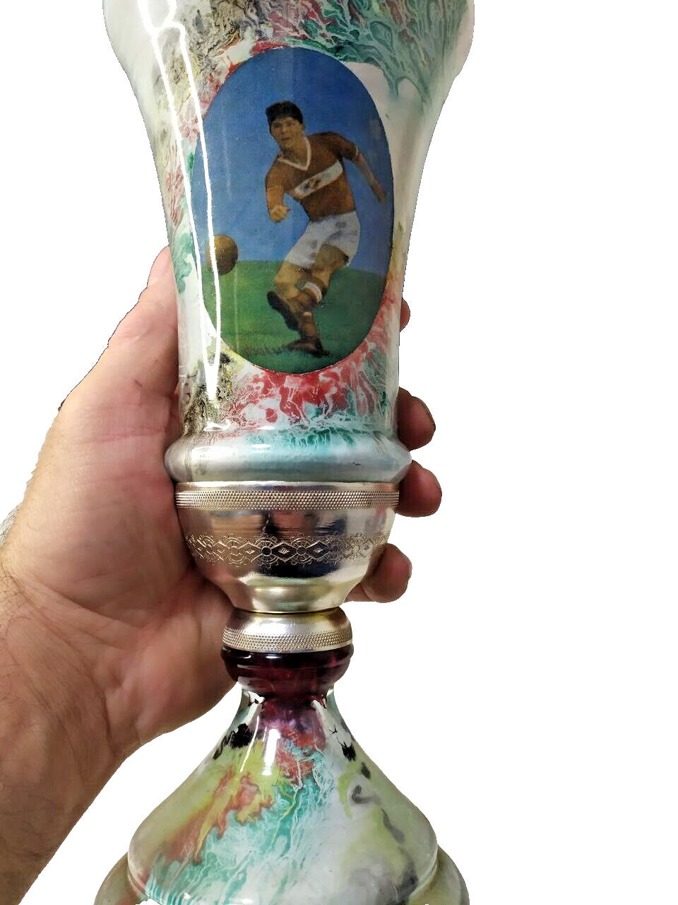 Vintage Soviet ceramic trophy cup with lid and soccer player decal in oval medallion