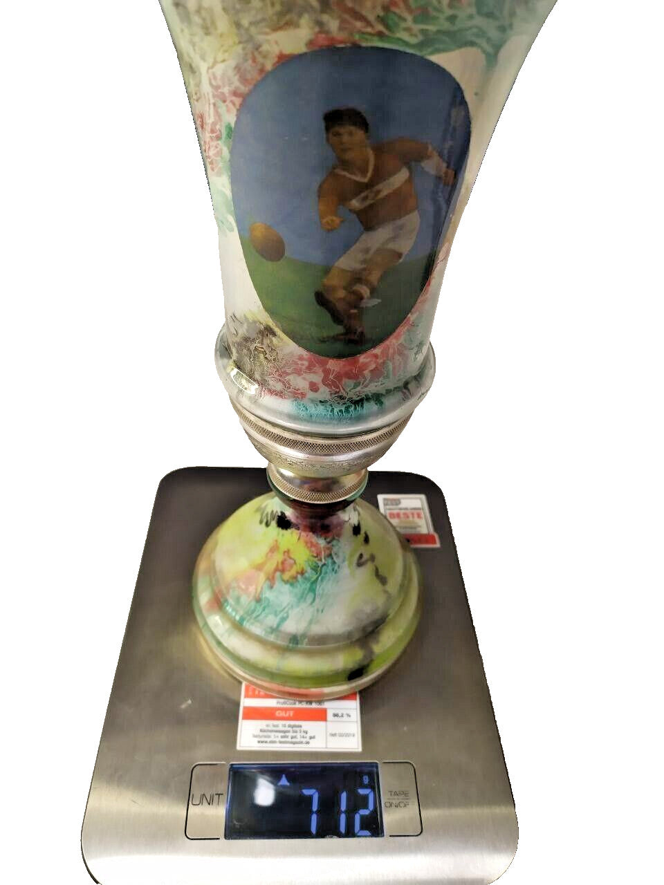Vintage soccer trophy with marbled green, red and blue glaze – detail 11
