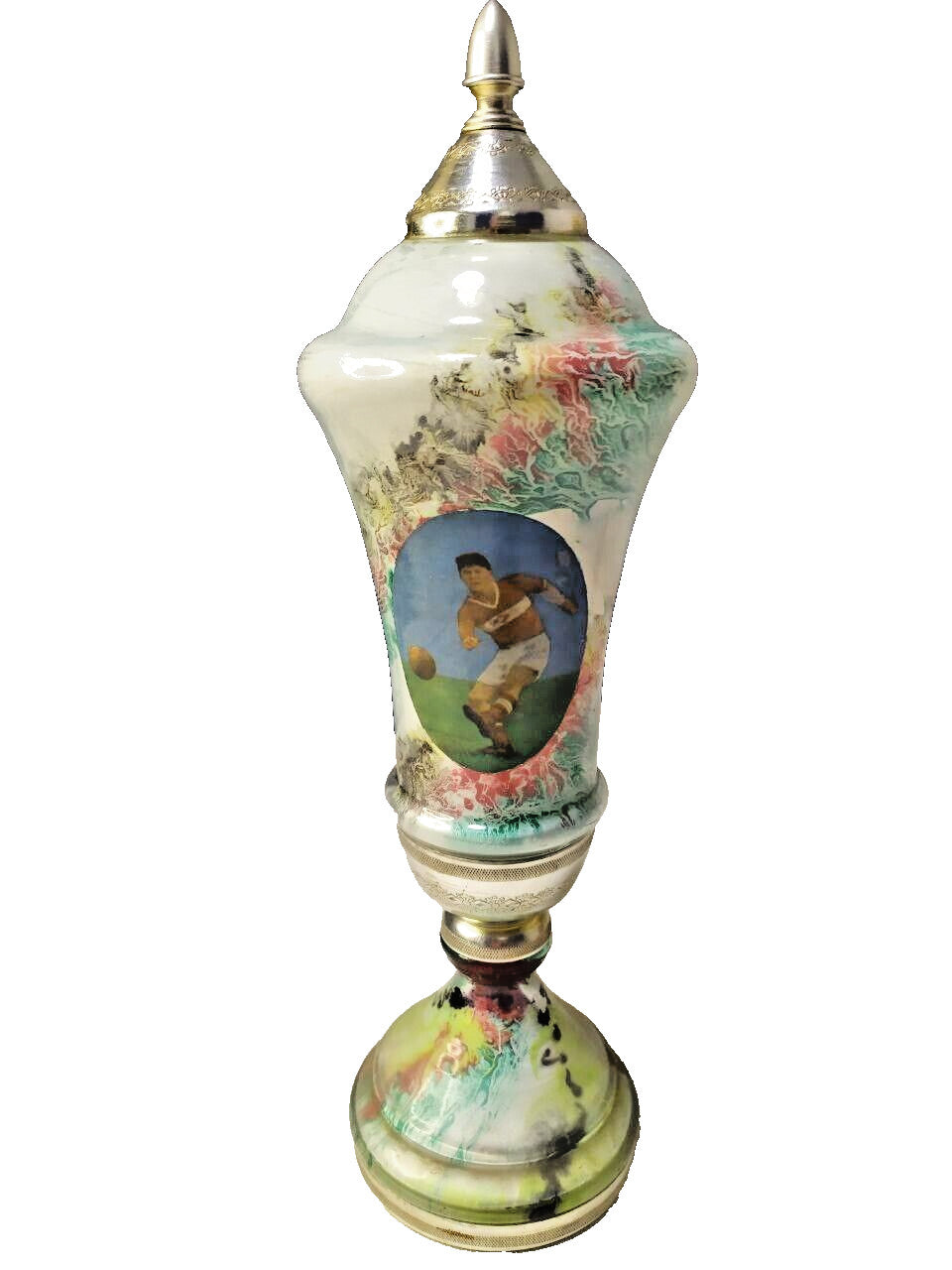 Vintage soccer trophy with marbled green, red and blue glaze